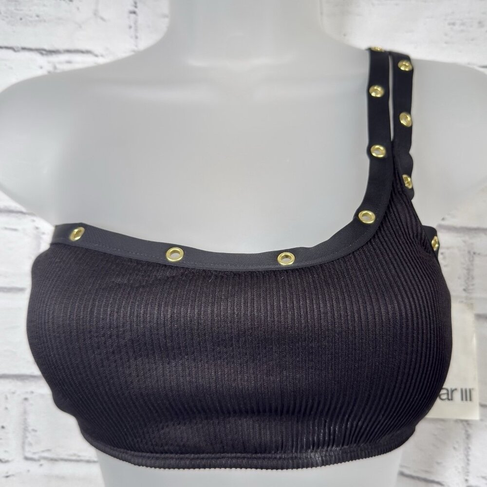 Bar III Black Embellished Grommet One-Shoulder Bikini Top Size Large NWT